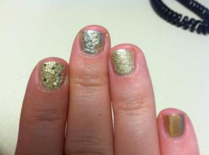 trying out variations with OPI's liquid sand. Glitter, crackle, plain, and then a regular gold.